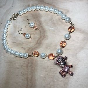 Pink crystal MONKEY pearl necklace set glass bling chunky